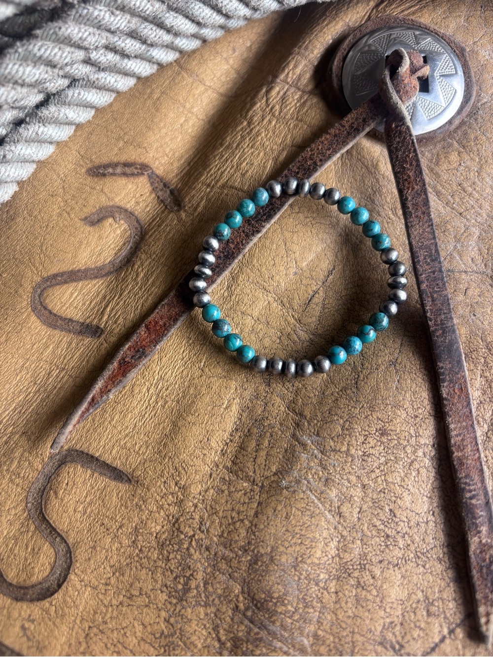 Genuine Turquoise and Sterling Silver Pearls Stretch Bracelet